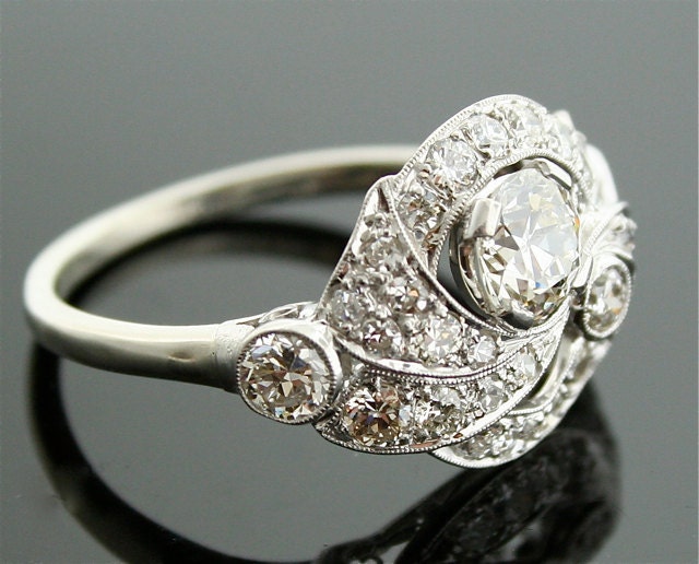 1930s Diamond Ring - Ornate 18k White Gold and Diamond Ring