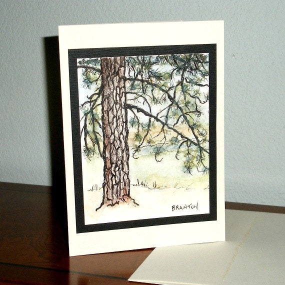 Original art hand drawn Note Card ink and watercolor sketch Ponderosa Pine