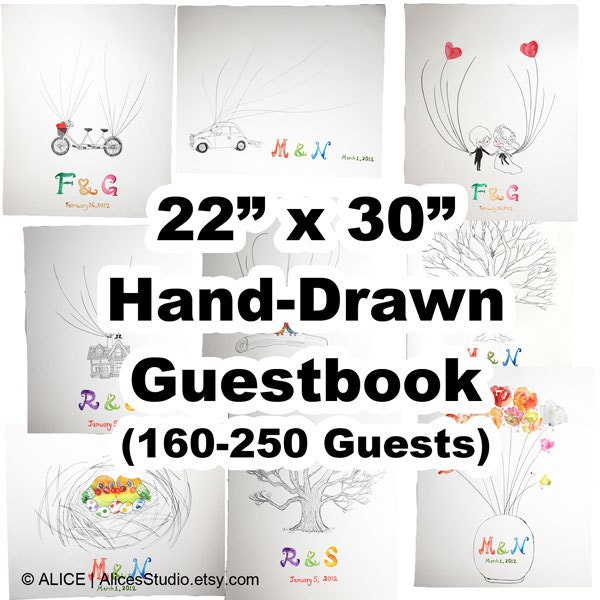 22 x 30 in, 160-250 Guests, Custom Hand-Drawn Wedding Guestbook Alternative, Signatures & Thumbprints, Free Gift with Purchase