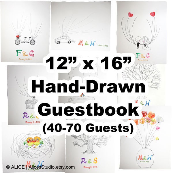 12 x 16 in, 40-70 Guests, Custom Hand-Drawn Wedding Guestbook Alternative, Signatures & Thumbprints, Free Gift with Purchase