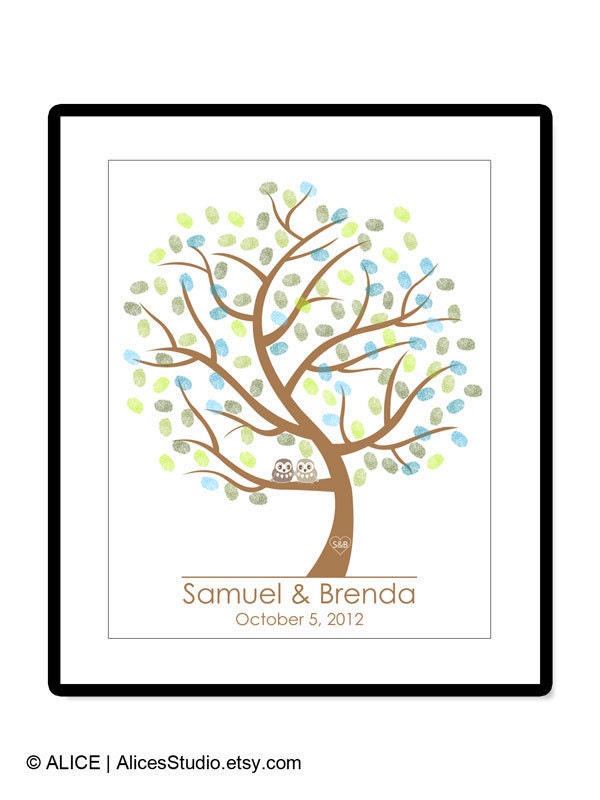 Wedding Tree Guest Book Alternative Poster, Love Birds, Owls, 16x20 in, 70-120 Fingerprints & Signatures, Free Gift with Purchase