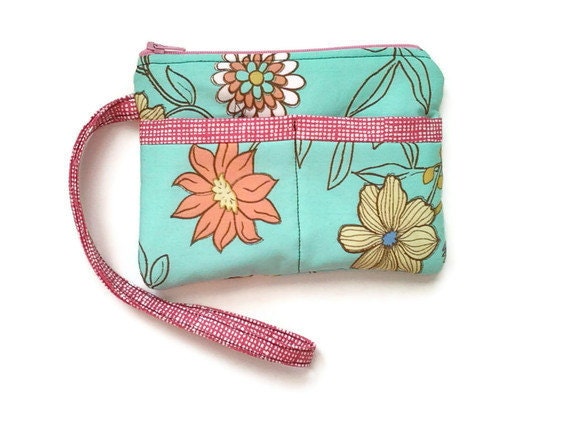 Wristlet Clutch Purse Mint Green Floral Print Travel Accessories Organizer Zipper Pouch Christmas in July - ecsquared