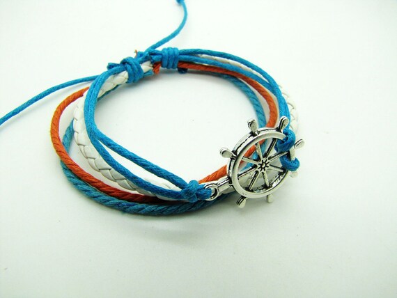 silvery rudder pendant Leather and Ropes Women Cuff Bracelet Unisex Bracelet Jewelry Cuff Bangle  839A