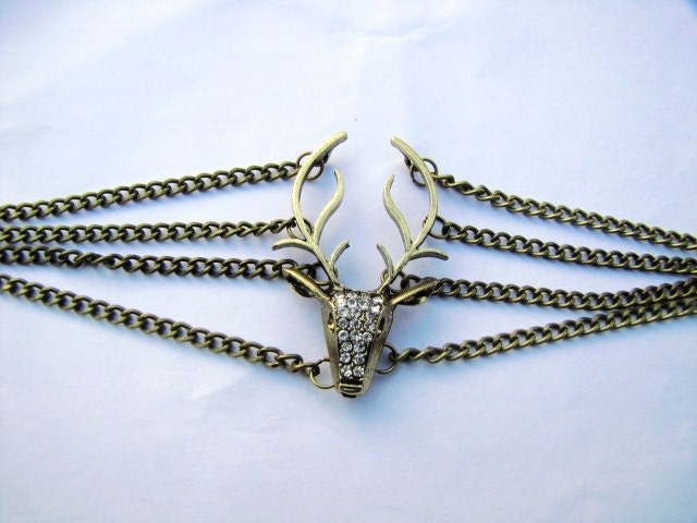 Vintage Style Antique Bronze Deer Antler Pendant Women Girl Chain Cuff Bracelet  438A