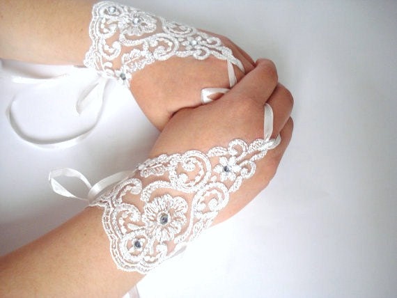 Ivory lace wedding fingerless gloves embellished with sparkles