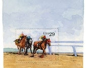 Original Framed Art: Horse Racing, USA Postage Stamp Painting