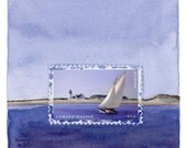 Original Framed Art: Edward Hopper Sailboat Postage Stamp Painting