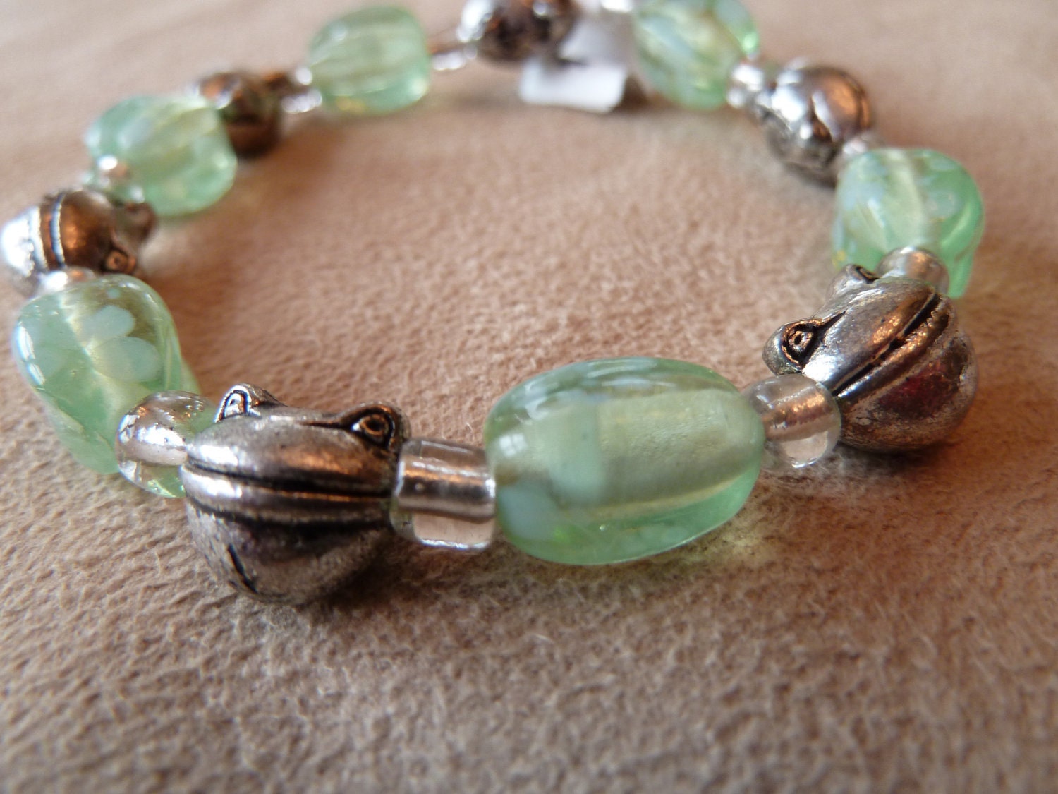 Silver Frog and Mottled Green Glass Bead Bracelet on Stretch Cord