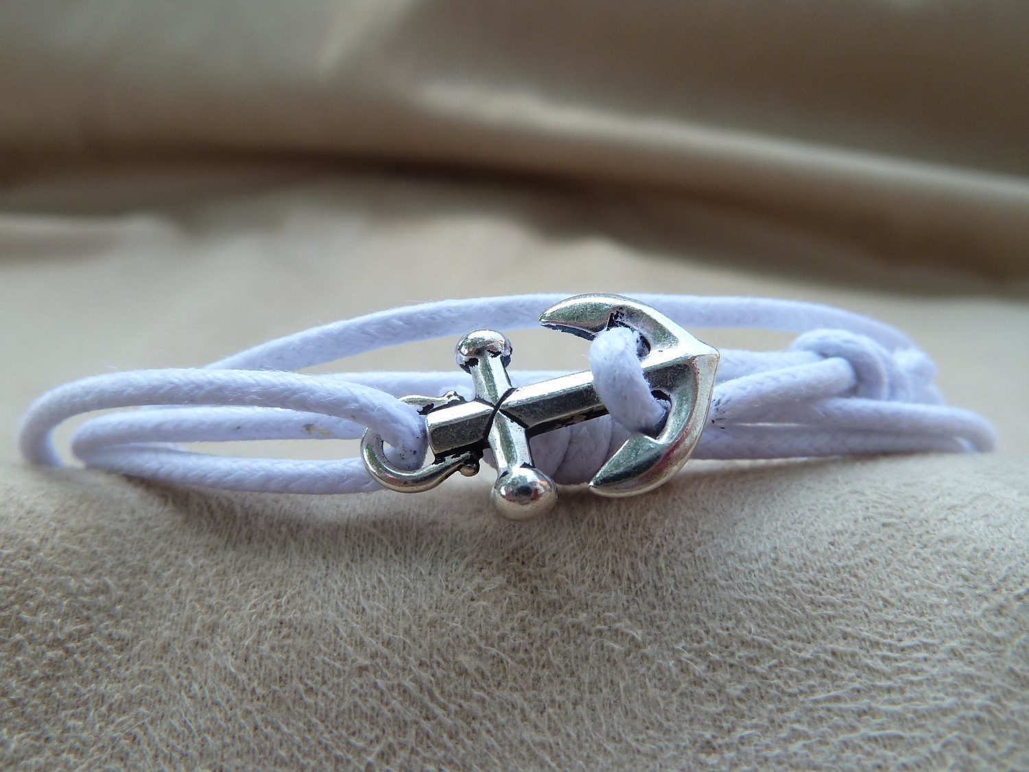 White Woven Waxed Cotton Cord Wrap Bracelet with Silver Anchor featuring adjustable slip knot