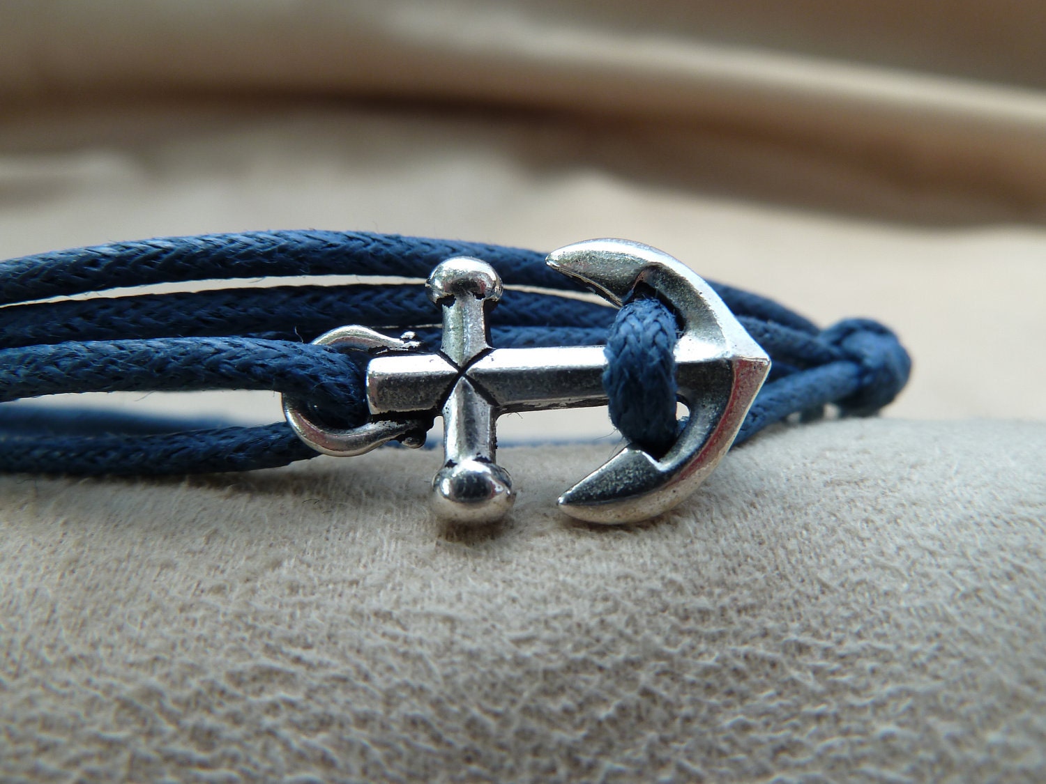 Woven Waxed Cotton Cord Wrap Bracelet with Silver Anchor featuring adjustable slip knot