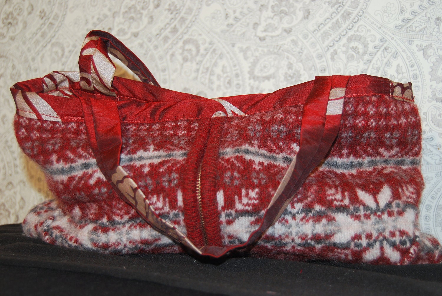 Medium Red Fair Isle Upcycled Felted Tote -- "Woolibag"