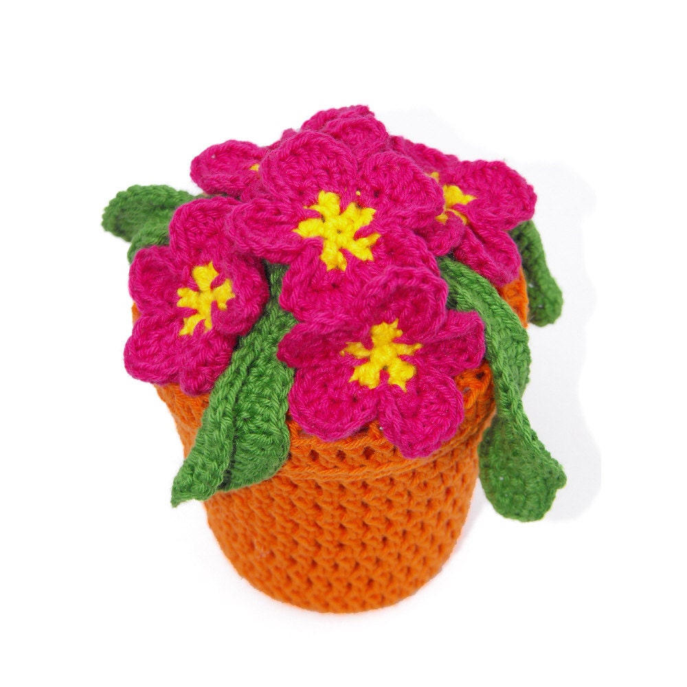 Crochet flowers - pink primroses in an orange pot