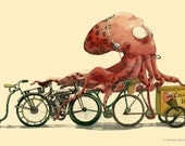 Illustration print- Octopus on Ice cream Harley Davidson Bikes in Hurry 13"X 19" Watercolor & Ink Drawing- wall decor