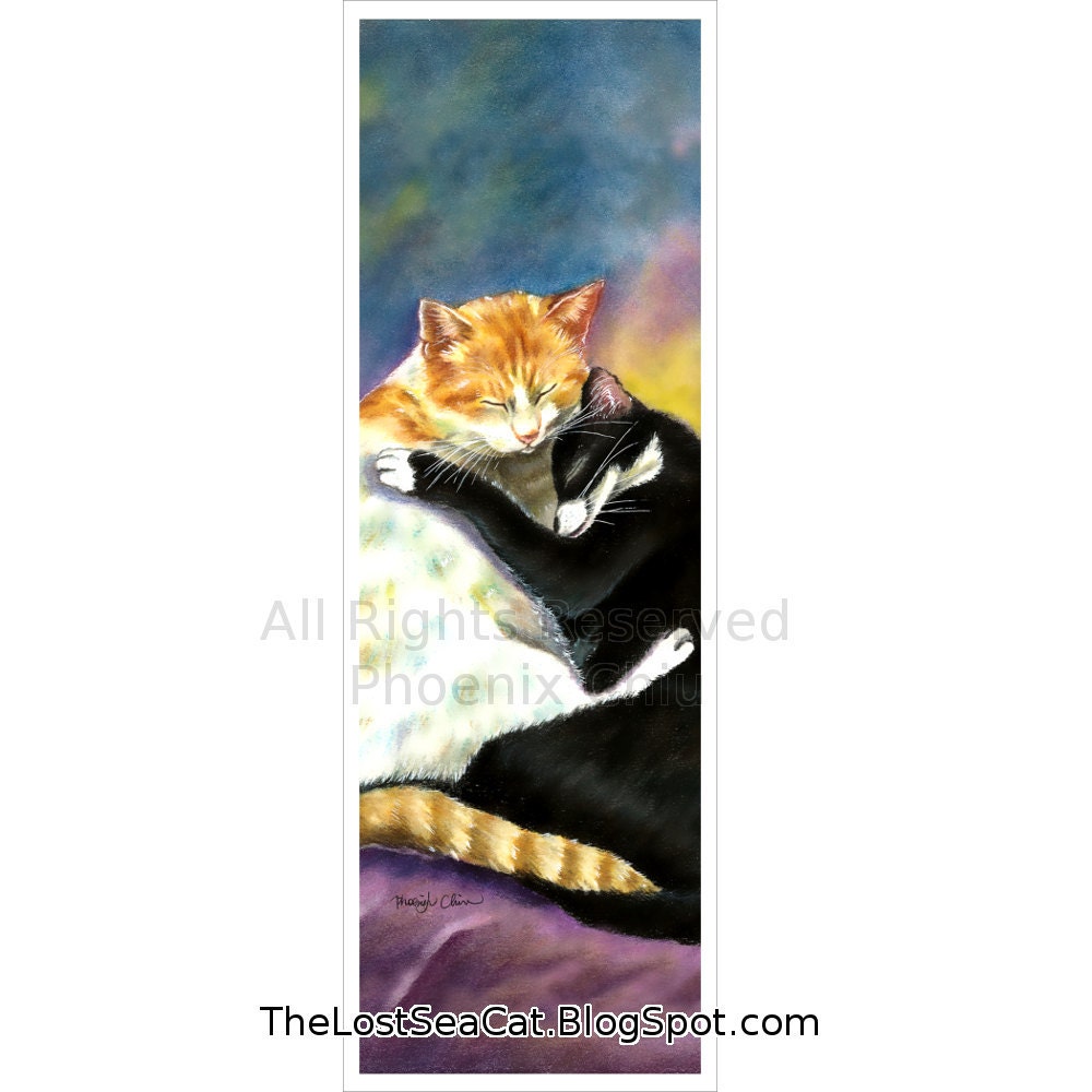 Valentine Cat Bookmark - Cat Art - Cat in Love -Two Sleeping Cats Art -White Orange Cat Tuxedo Cat From Original Painting by Phoenix Chiu