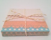 Set of 8 (3x3) Cards / Gift Tags : layered and stitched mini cards in scalloped cream, white stripe, pink eyelet, & blue polka dot
