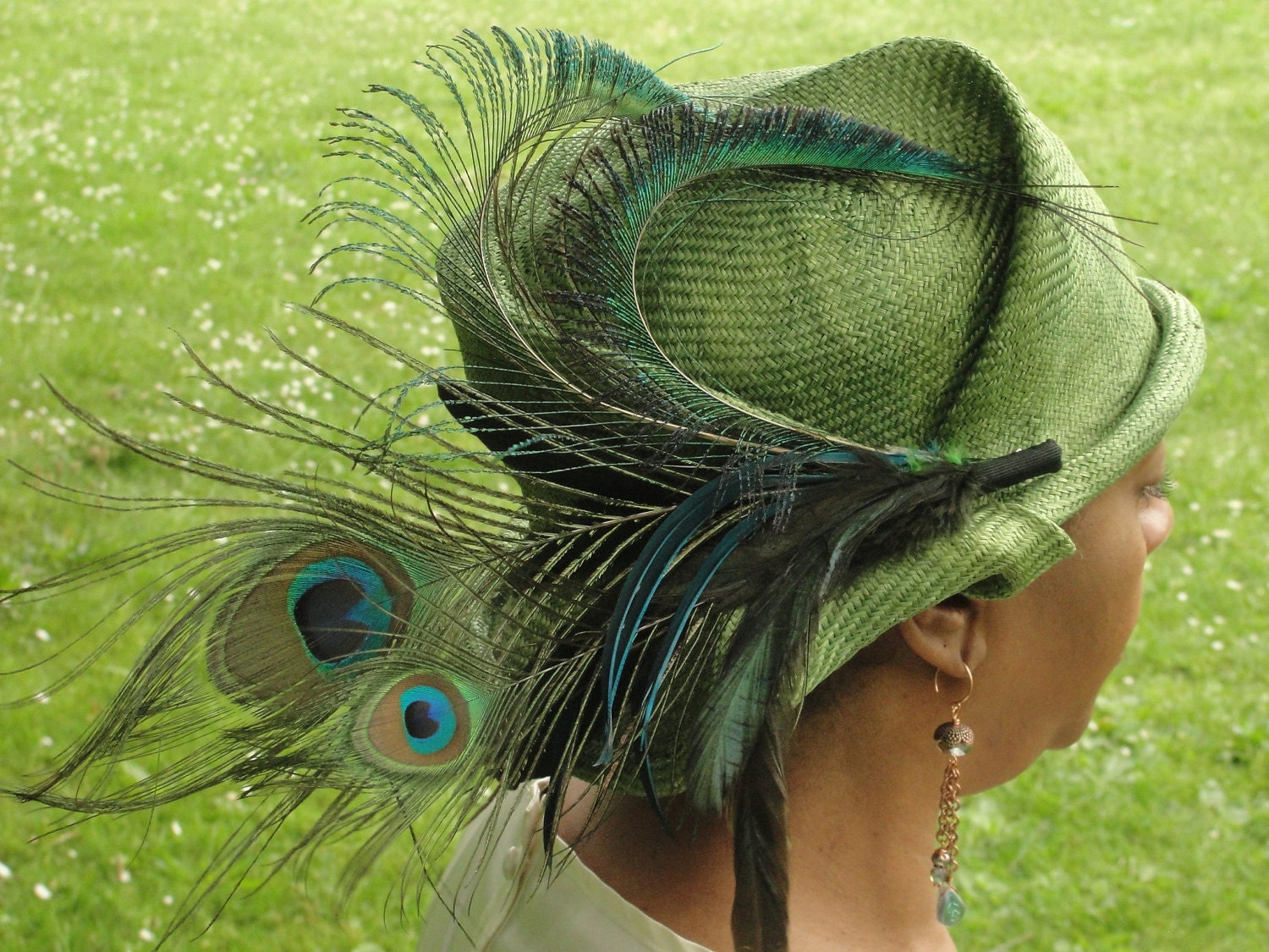 Fancy Straw Hat-20% OFF-Parasisal Straw Hat- -New Hand Blocked-1920's Vintage Inspired Cloche- Turn of the Century-1910's-Peacock Trim-