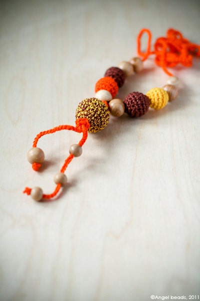 Nursing necklace - Organic Teething necklace - crochet cotton nursing pendant - in orange, sunny yellow and brown