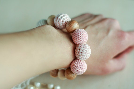 Crochet Teething Nursing bracelet with vintage lace in spring bloom blossom Baby pale pink and Cream white