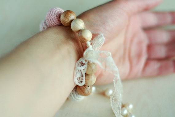 Crochet Teething Nursing bracelet with vintage lace in spring bloom blossom Baby pale pink and Cream white