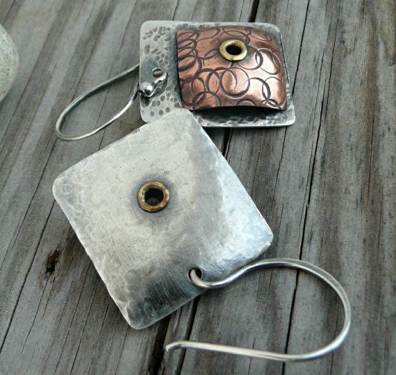 Dangle, Drop Earrings, Cold Connections, Sterling Silver, copper, brass