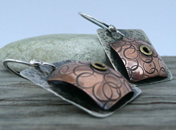 Dangle, Drop Earrings, Cold Connections, Sterling Silver, copper, brass