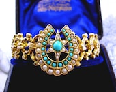 Victorian Gold Bangle Turquoise Pearls Horseshoe Bracelet 9ct c1890