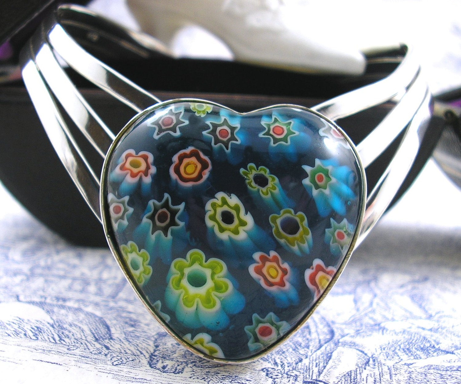 Heart Shaped Vintage Murano Glass Millefiori Heart 925 Silver Bangle