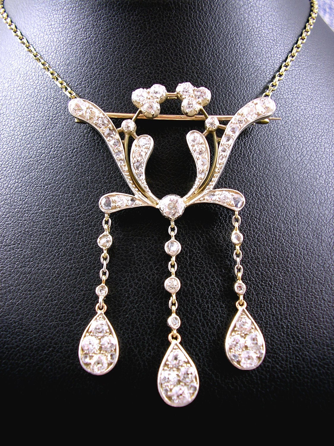 Antique Art Nouveau Diamond Pendant Brooch Pendant Lavaliere Necklace 18ct Gold