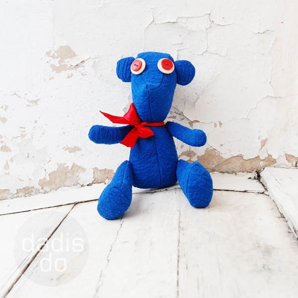 Funny kids teddy bear toy, Royal blue with red accents, 
personalized OOAK gift