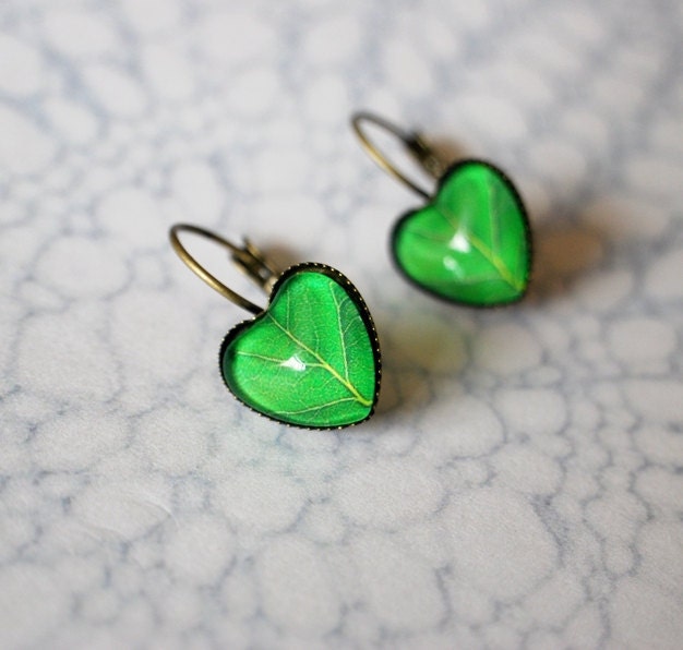 Leaf Earrings Green Leaf Wearable Art Earrings Antique Brass Spring Dangle