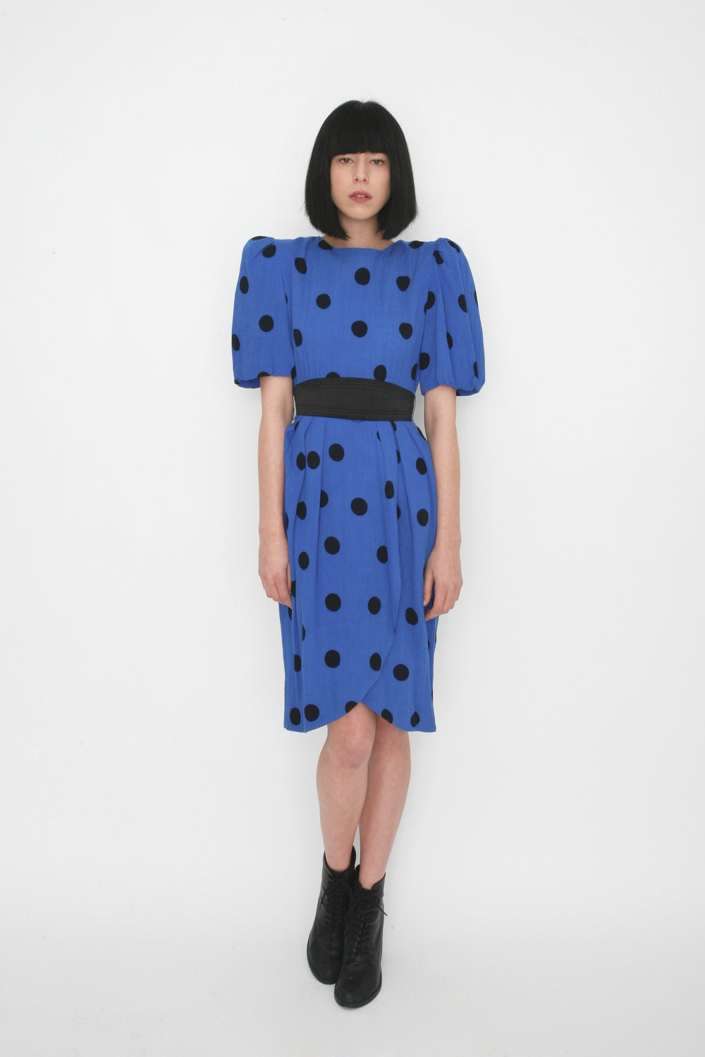 Vintage Royal Blue Polka Dot Dress with Oversized Shoulders