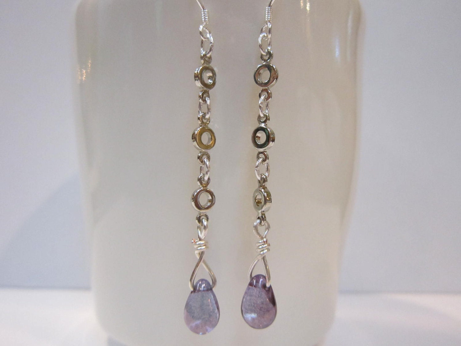 Silver Chain and Rhapsody Amethyst Teardrop Dangle Earrings - Elegant, Spring Wedding, Lilac, Lavender, Bridesmaid, Downton Abby