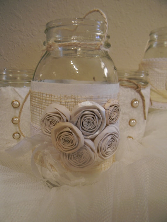 White upcycled mason jars/ wedding centerpieces