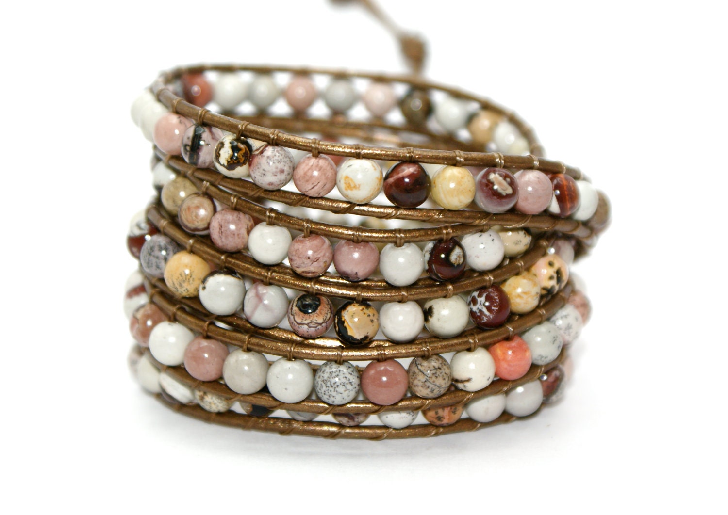 Jasper beaded bracelet, leather five wrap, semi precious, hipster chic, gift for her