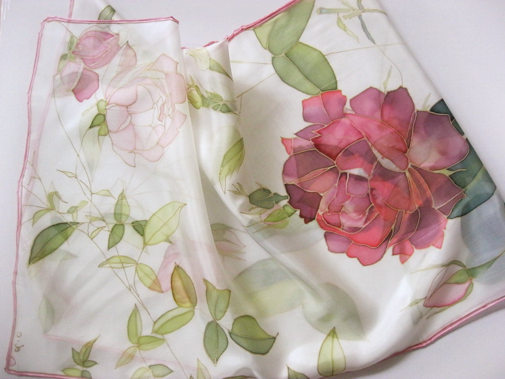 Hand painted silk scarf Bridal accessories Roses red and white - made TO ORDER