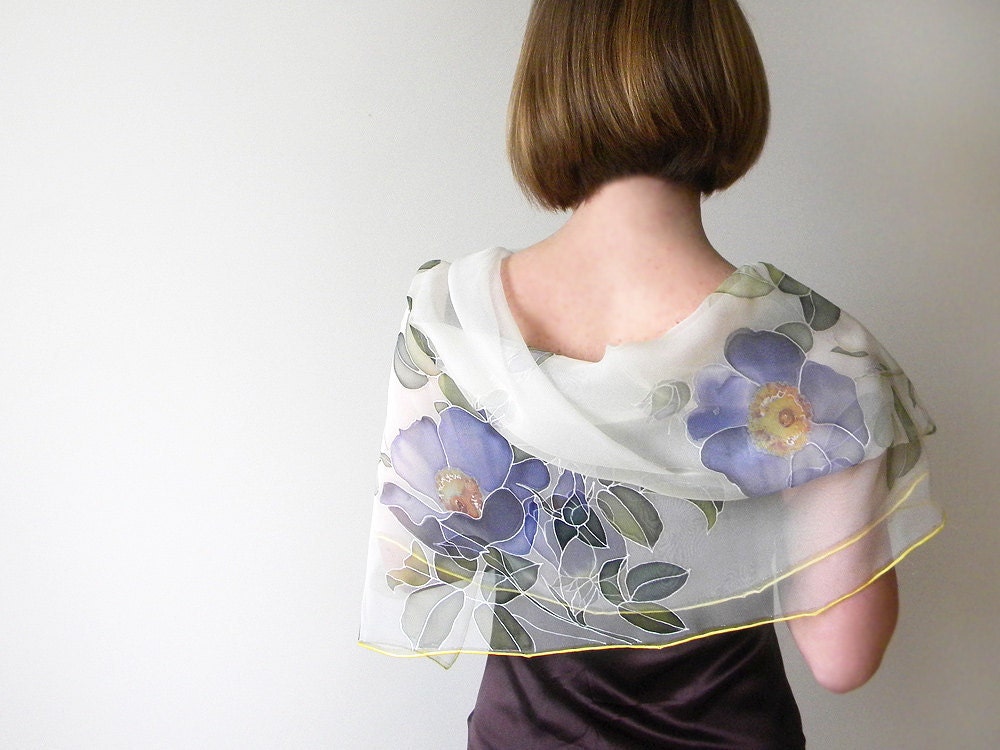 Silk chiffon scarf Hand painted Wedding accessories - White blue purple flowers - made TO ORDER