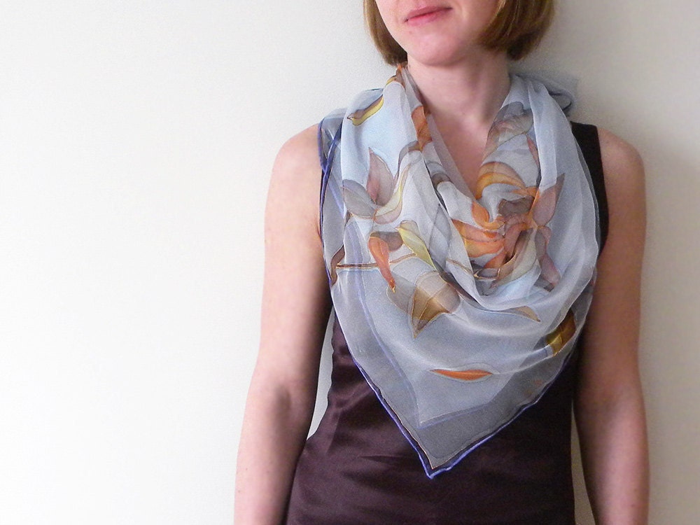 Silk scarf Hand painted Hand dyed on chiffon Sky blue brown flowers - made TO ORDER