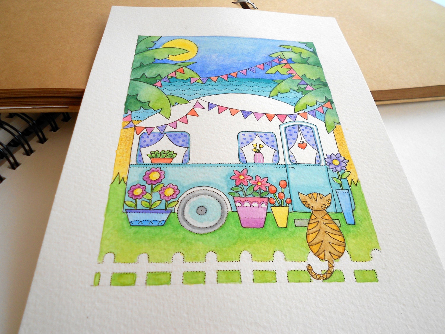 Cat Art Caravan Beach Painting Reproduction Print