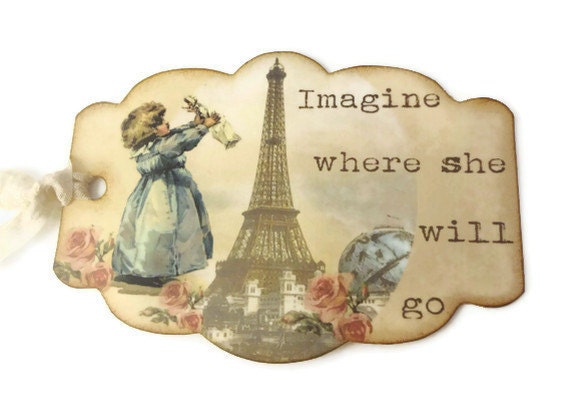 Baby Shower Tags, Baby Girl, Birth Announcement Tags, Baby Shower Wish Tags, Paris Inspired, Set of 4