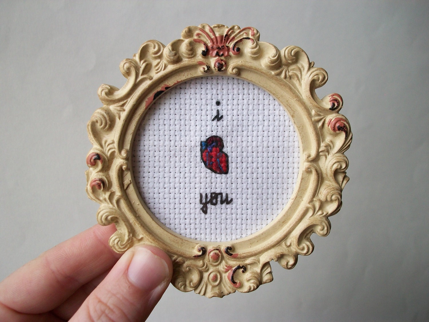 I heart you -- small cross stitch for your love, with anatomical heart in round frame, gift for him or her