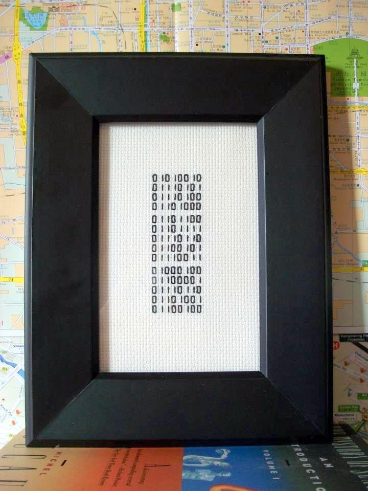I Love You binary cross stitches to custom order, red or black, mounted or framed