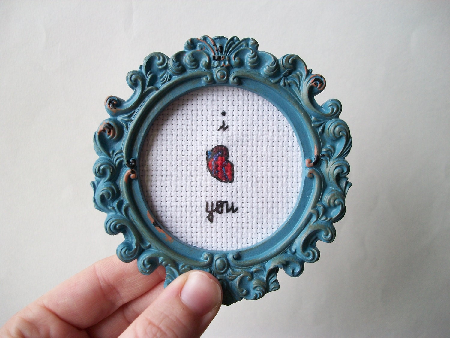 I heart you -- small cross stitch for your love, with anatomical heart in round frame, gift for him or her
