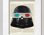 Star Wars Darth Vader Print, wearing 3D glasses movie geek wall art PRINT on vintage page book art print kids, man, children, kitsch mask