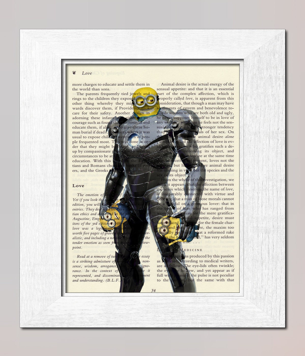 Minion Iron man holding 2 minions kids wall art poster PRINT on salvaged vintage page book decor art