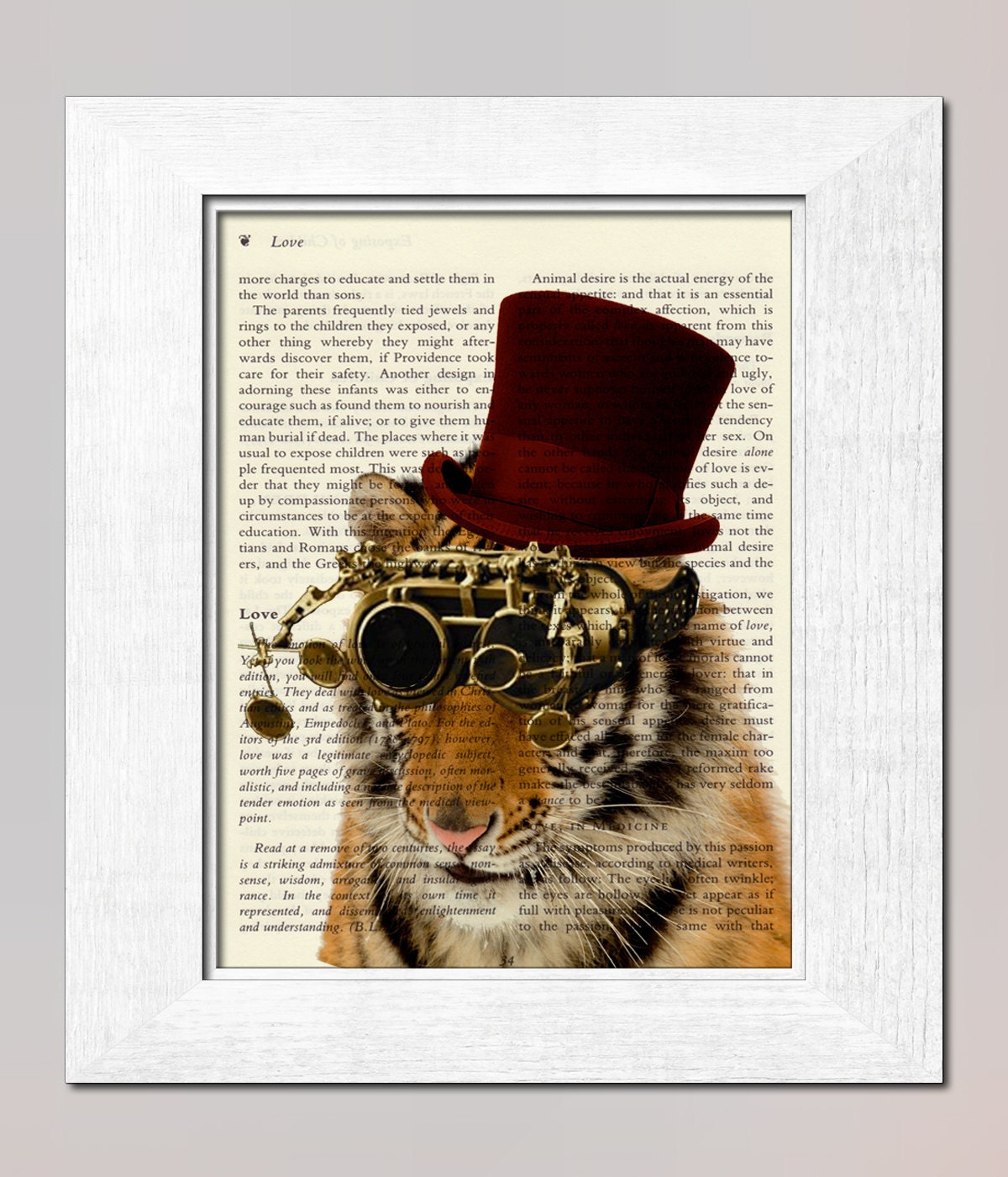 Steampunk Noble Doctor Tiger with goggles and top hat Illustration on salvaged vintage page book art print
