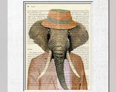 Safari Explorer English man Lord Elephant  Illustration on salvaged vintage page book art print