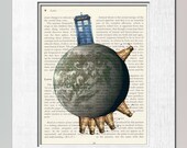 Tardis facing the Daleks around PRINT on salvaged vintage page book art print