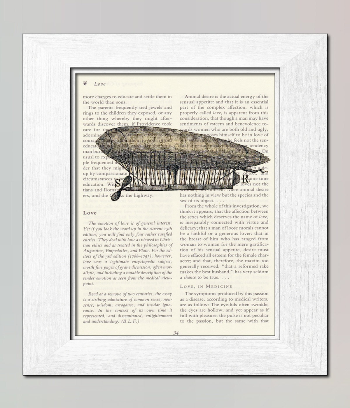 Aeronautic dirigible balloon Print - vintage wall art decor poster on salvaged book page boys kids children man
