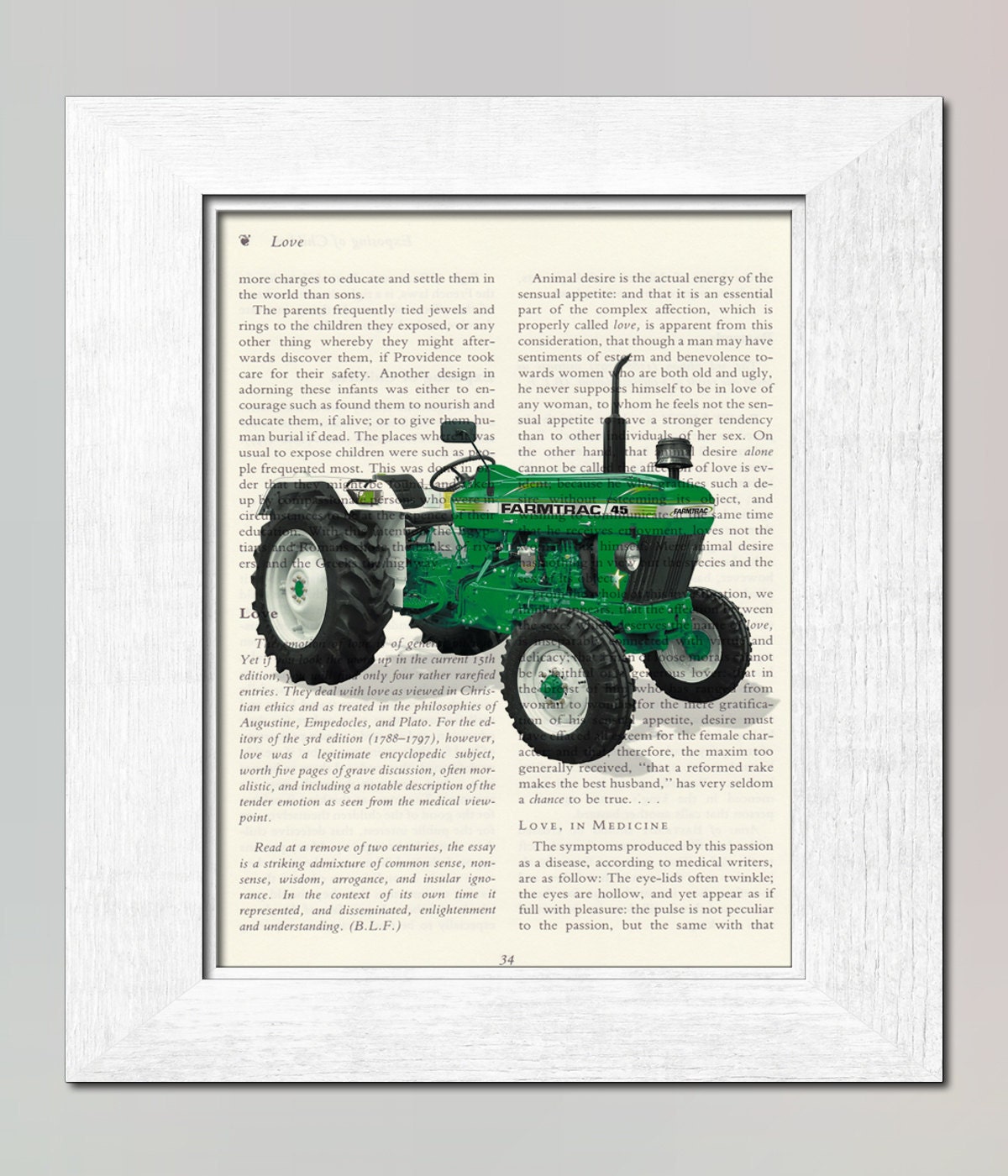 Green Tractor art print - children room wall art decor on book page boys kids children man girls