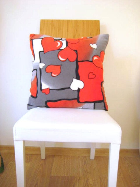 Gray Pillow Cover - Gray and Red Fleece Fabric Pillow Cover with Hearts Print - 18x18" - Gift for Her, for Mom - Home Decor - Ready to Ship